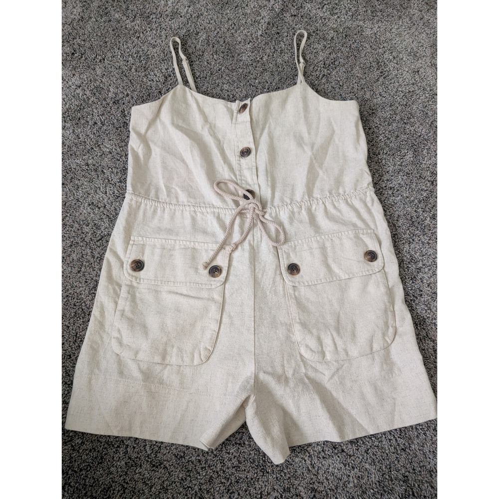 Forever 21 Oatmeal Linen Blend Button Front Drawstring‎ Romper Beige Womens Med